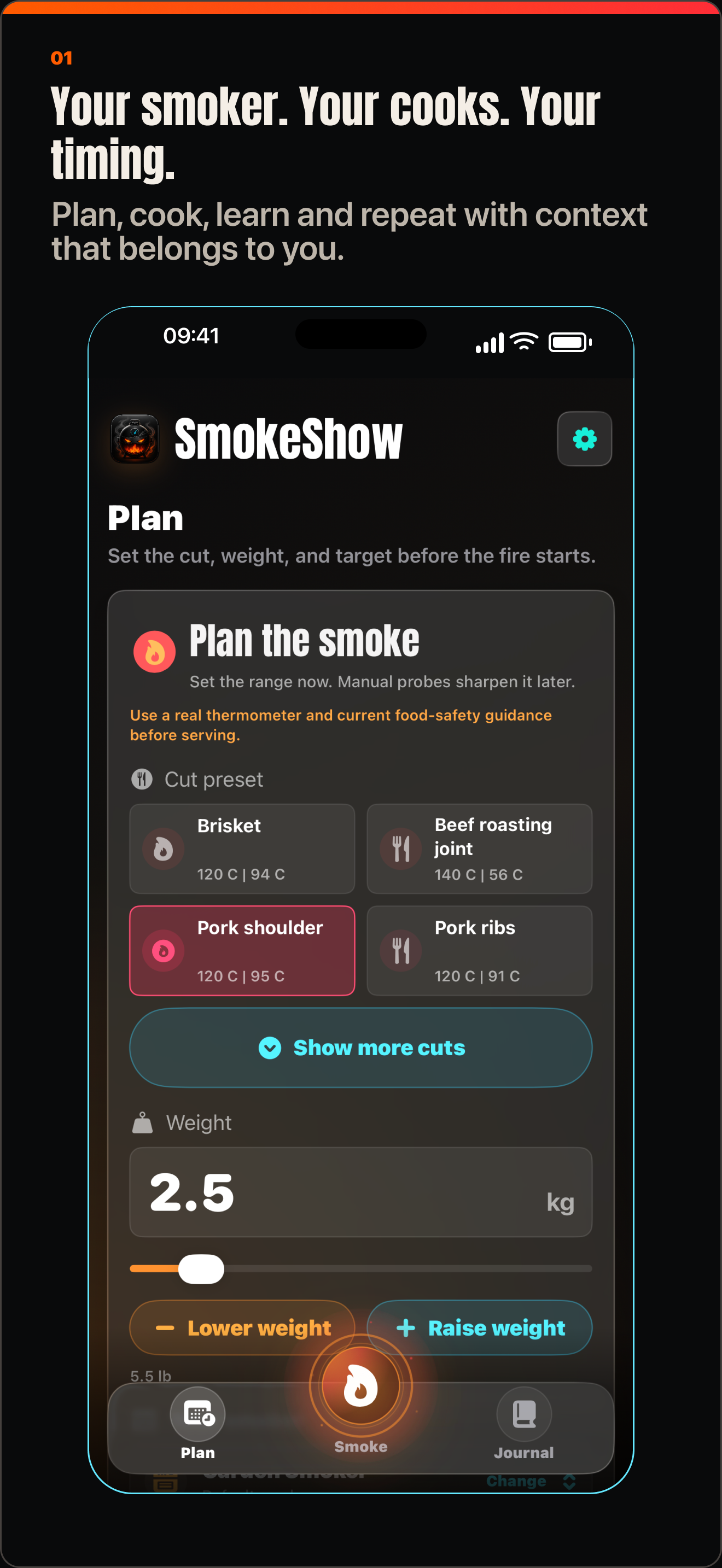 SmokeShow 1.2 showing My Smokers, a cook plan and saved Journal history on iPhone