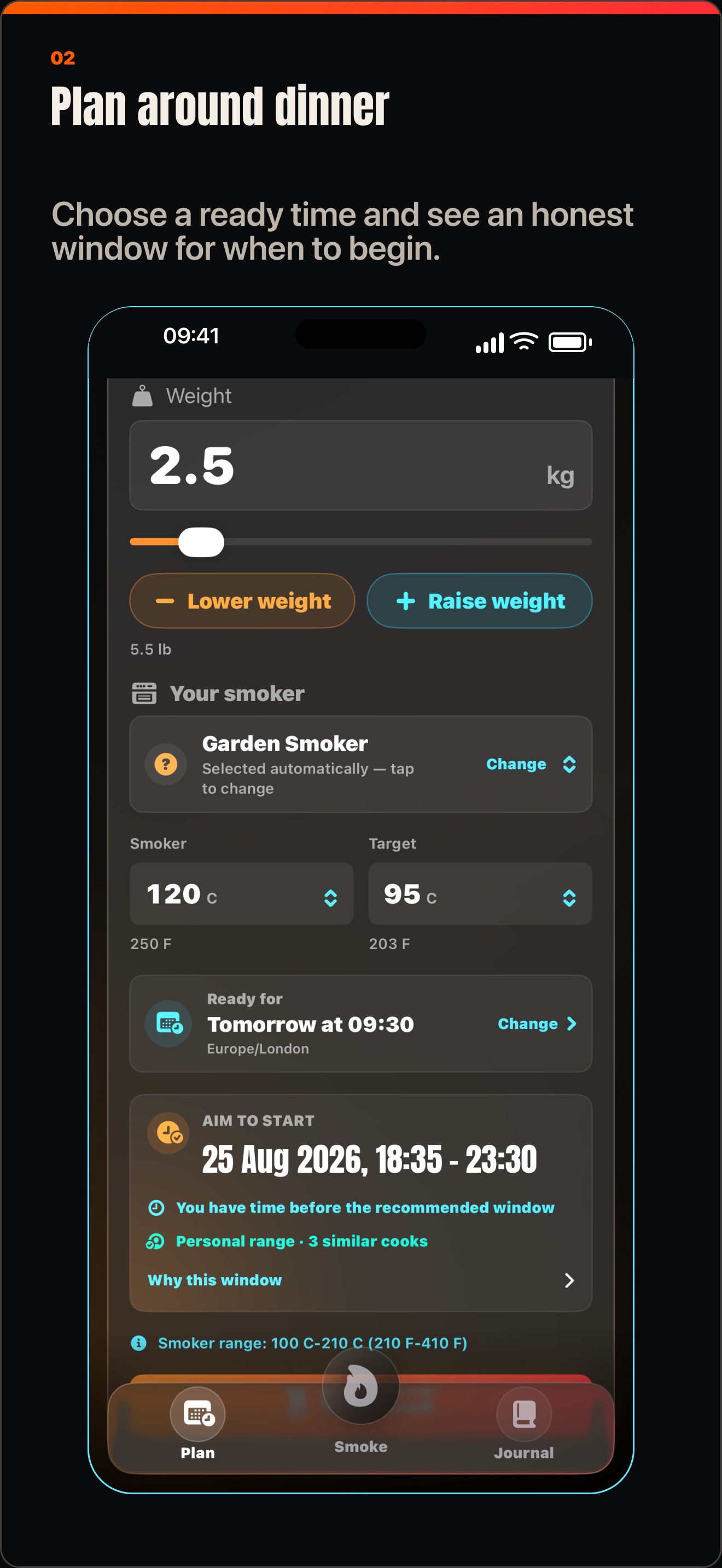 SmokeShow Ready for planning screen showing a qualified start window