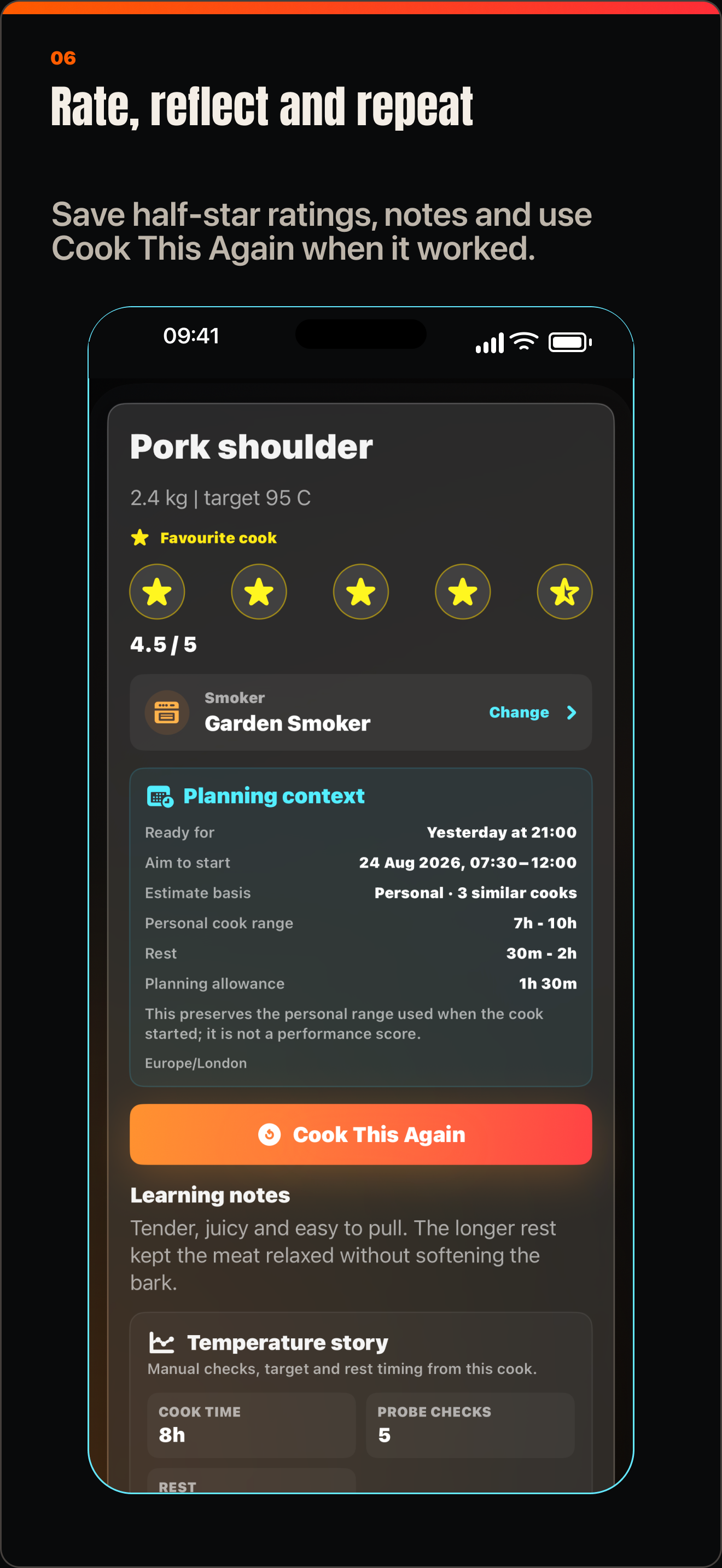 SmokeShow Journal showing a half-star rating, learning notes and Cook This Again