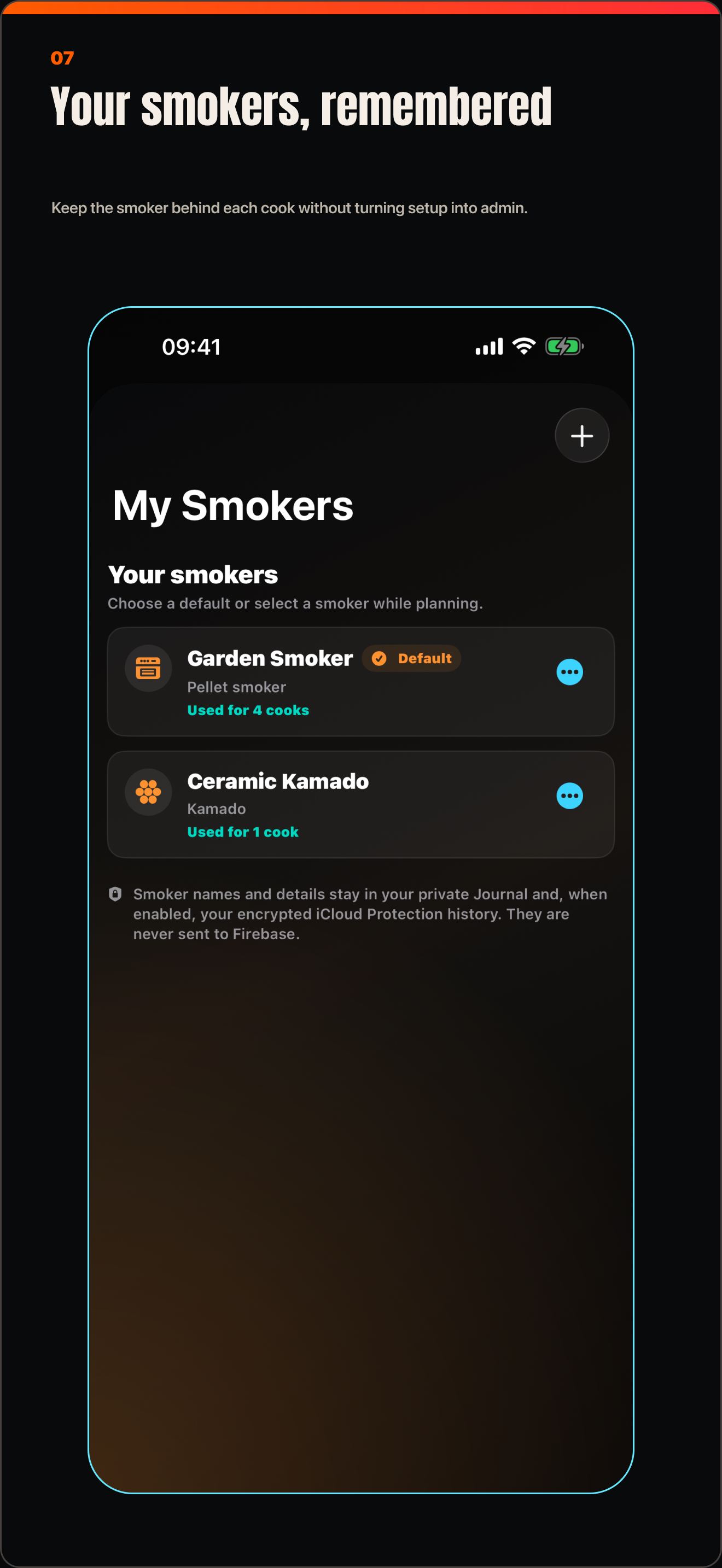 SmokeShow My Smokers screen showing saved smoker profiles and a default smoker
